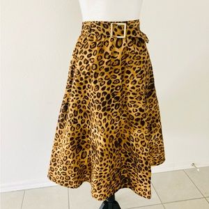 Jones New York Leopard Print Skirt Golden Buckle Belt Mid-Length Midi Shirt
